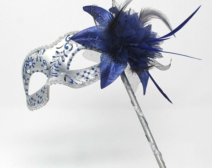 Blue and Silver Jewelled Party Masquerade Wedding Bridal ball Eye Mask on Stick with Flower