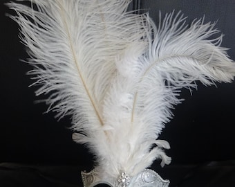 Ladies Stunning White and Silver Long Feather Masquerade Mask with Centre Jewel