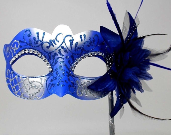 Blue and Silver Diamonte Mask on Stick with Flower