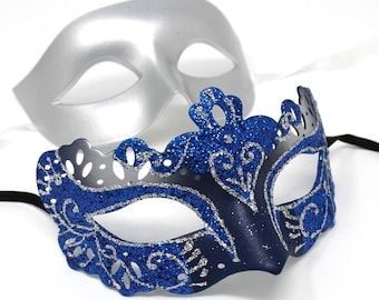 Blue and Silver His and Hers Couple Masquerade Masks