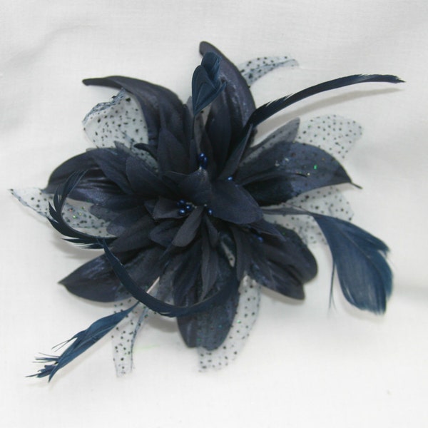 Navy Blue Hair Fascinator on a Comb with Spotted Fabric & Long Feather Detail