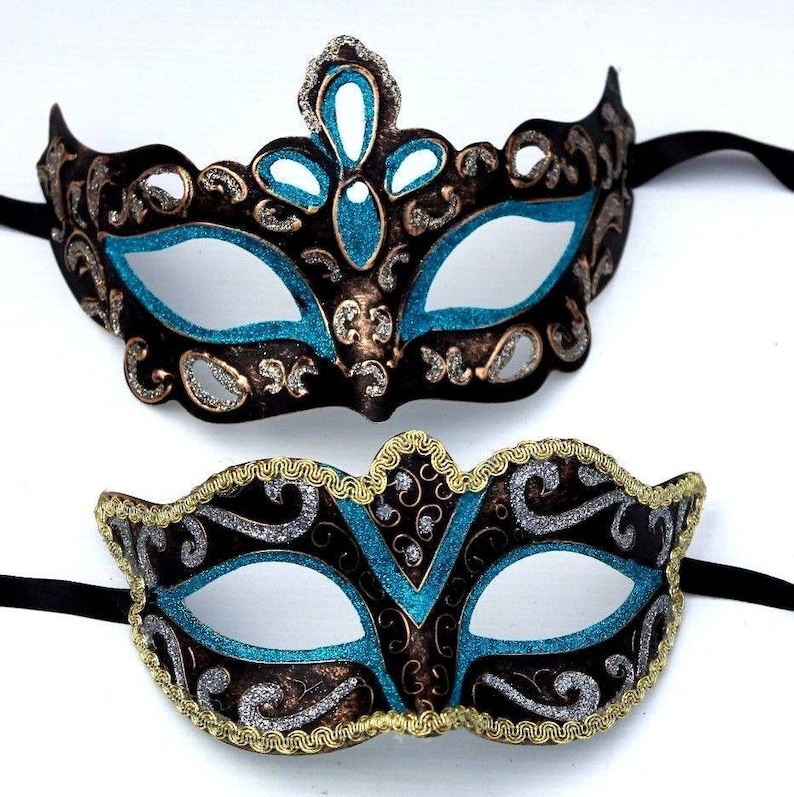 HIS N HERS PAIR COUPLES SILVER AND BLACK VENETIAN MASQUERADE PARTY EYE MASKS