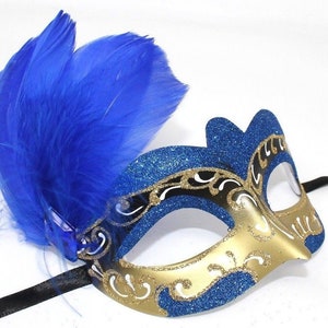 Blue and Gold Feather Masquerade Mask