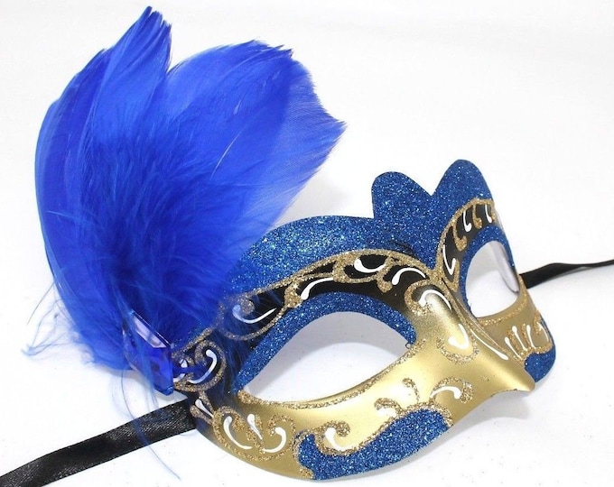 Blue and Gold Feather Masquerade Mask