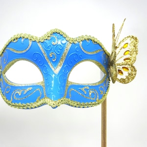 Turquoise and Gold Masquerade Party Carnival Ball Mask on a Gold Stick with Butterfly