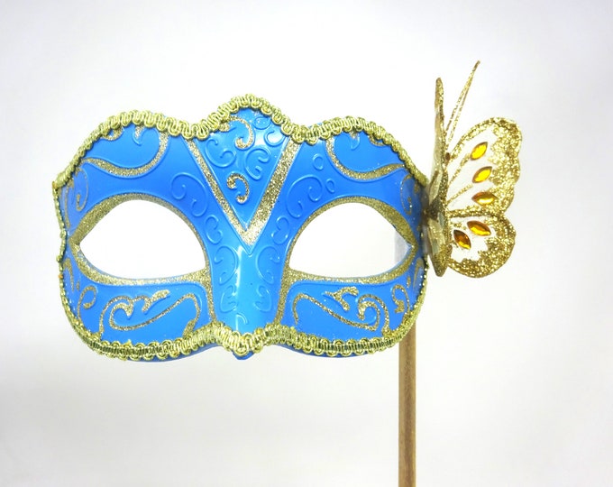 Turquoise and Gold Masquerade Party Carnival Ball Mask on a Gold Stick with Butterfly