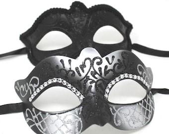 Black and Silver Diamonte Pair of Male and Female Couples Masquerade Masks