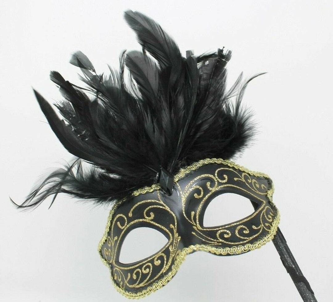 Black and Gold Masquerade Mask on a Stick With Feather Detail - Etsy