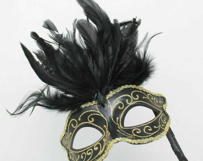 Black and Gold Masquerade Mask on a Stick with Feather Detail