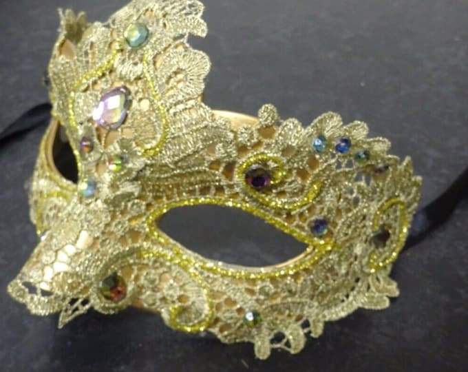 Gold/Champagne Brocade Lace Masquerade Mask with Multi-coloured Crystals