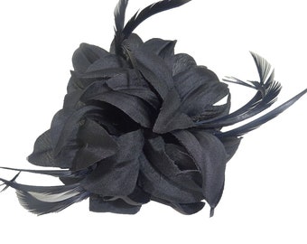 Hair Fascinator Corsage and Brooch Black with Fabric Petals and Slim Feathers Clip & Pin Fastening