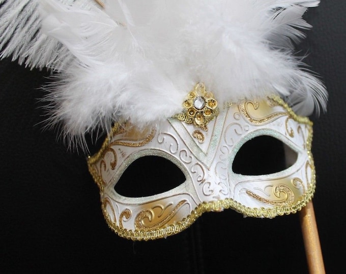 White and Gold Feather Masquerade Mask on a Gold Stick