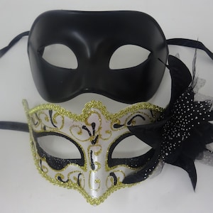 Quality Black and Gold Swirl Pair of Couples His and Hers Masquerade Masks