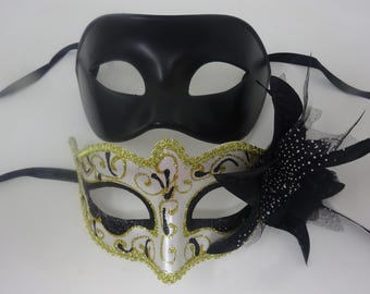 Quality Black and Gold Swirl Pair of Couples His and Hers Masquerade Masks