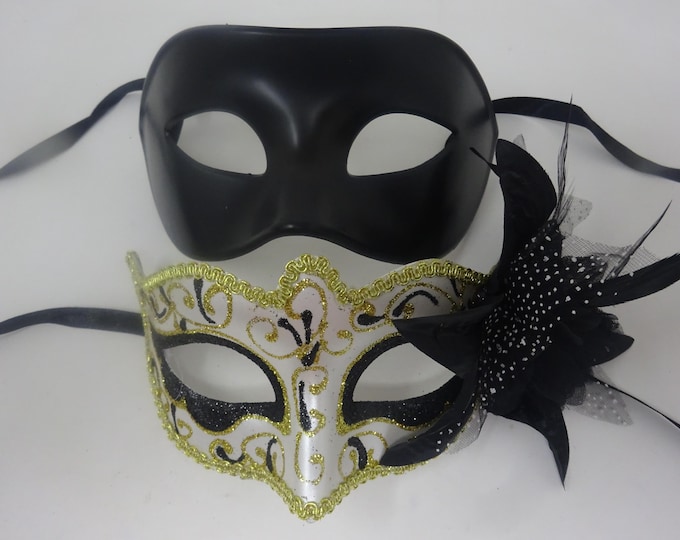 Quality Black and Gold Swirl Pair of Couples His and Hers Masquerade Masks