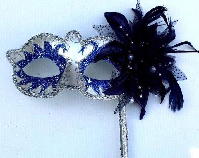 Blue and White Swan Lake Mask on Stick with Pearlised Flower