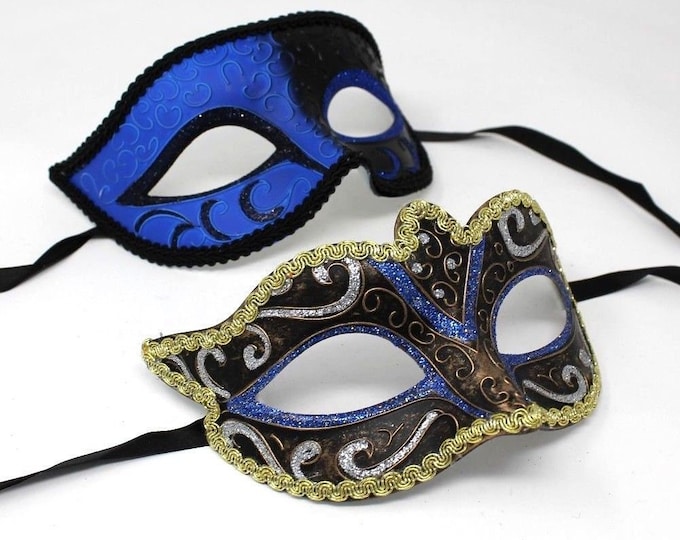 Blue and Gold Quality Pair of Male and Female Masquerade Masks