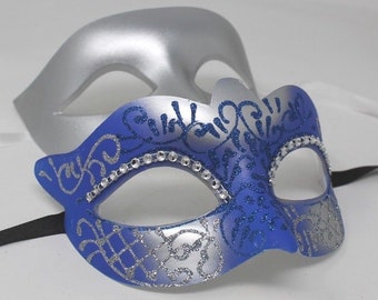 Blue and Silver His and Hers Couple Masquerade Masks
