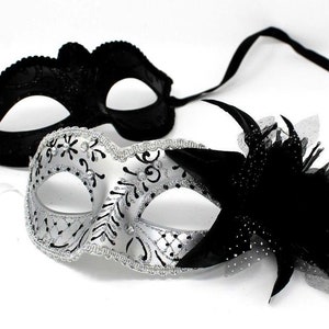 His and Hers Couples Masquerade Masks in Black and Silver Design with Flower