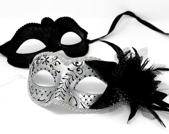 His and Hers Couples Masquerade Masks in Black and Silver Design with Flower