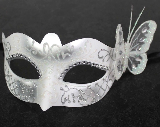 Winter Frosty White & Silver Venetian Masquerade Mask with White Butterfly