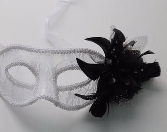 White Lace & Pearl Masquerade Mask with Flower