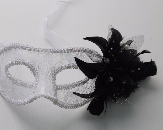 White Lace & Pearl Masquerade Mask with Flower