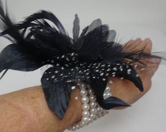 Black Flower Wrist Corsage on Beaded Bracelet with Fabric Flower with Feathers and Spotted Organza