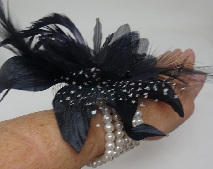 Black Flower Wrist Corsage on Beaded Bracelet with Fabric Flower with Feathers and Spotted Organza