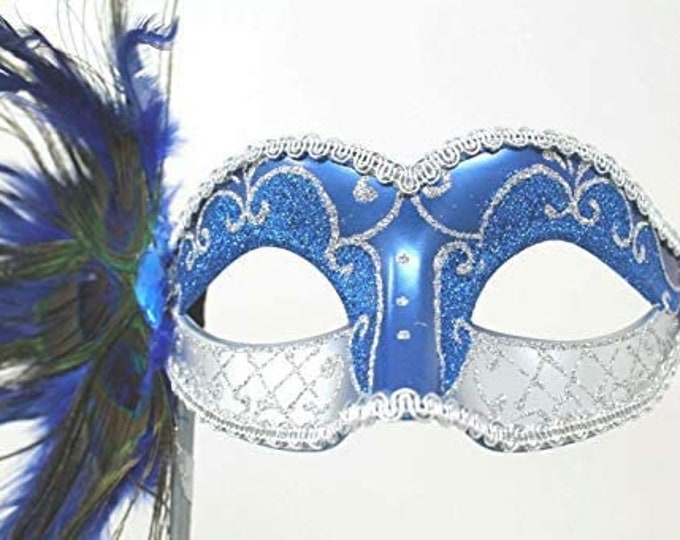 Blue and Silver Venetian Masquerade Party Ball Mask with Peacock Feathers Hand Held on a Stick