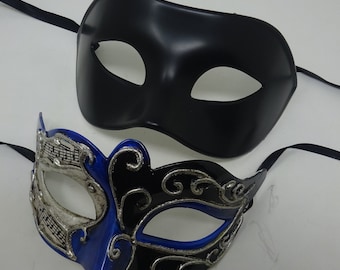 Musical Script Black Silver and Blue His and Hers Couples Pair of Masquerade Party Ball Carnival Masks