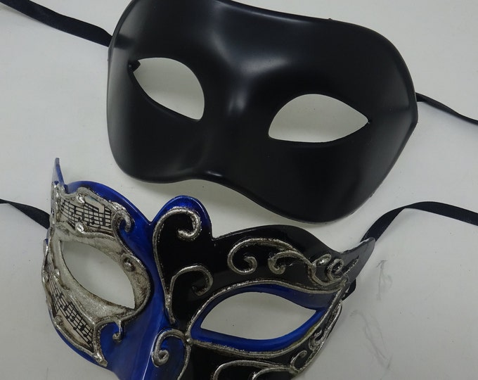 Musical Script Black Silver and Blue His and Hers Couples Pair of Masquerade Party Ball Carnival Masks