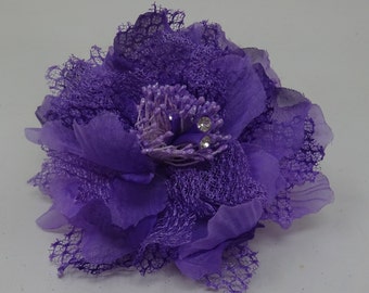 Hair Fascinator Corsage and BroochPurple Fabric Flower with Decorative Beaded Stamens and Diamontes - Pin & Hair Elastic Fastening