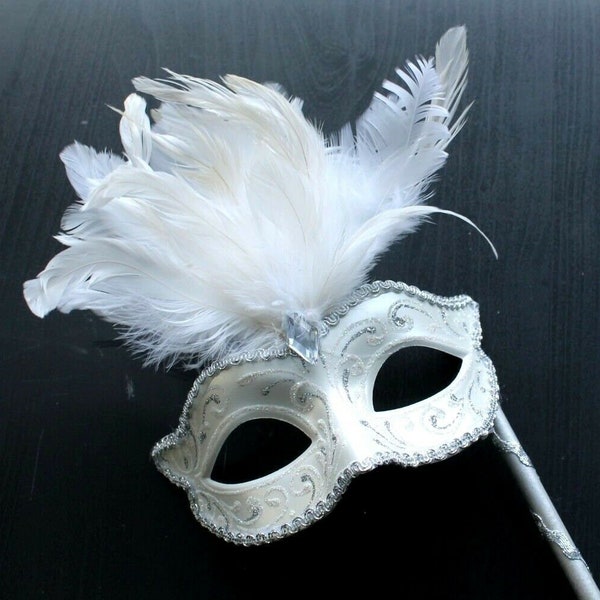 White and Silver Feather Mask on Stick