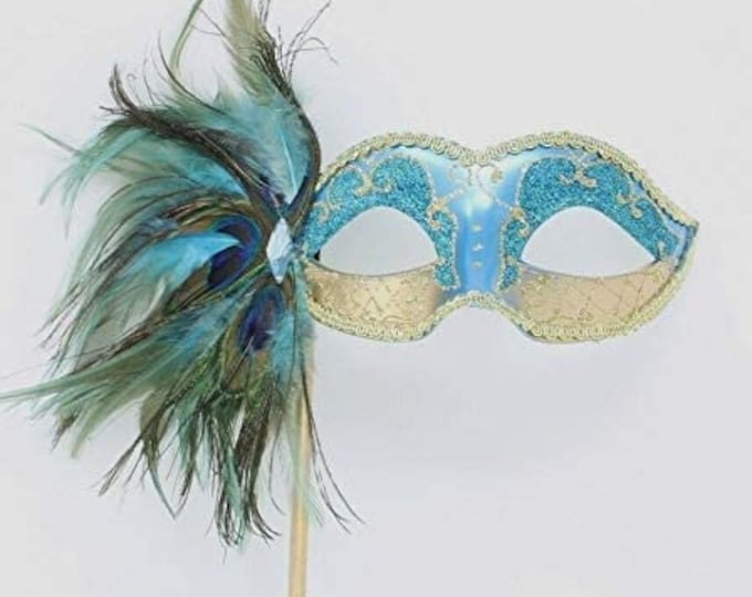 Turquoise Blue and Gold Masquerade Party Ball Mask with Peacock Feathers Hand Held on a Stick