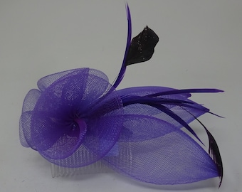 Hair Fascinator Purple Lilac Feathers and Stiffened Net Fabric Floral Rosette Design Comb Fastening