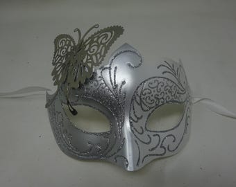 White & Silver Venetian Masquerade Party Prom Ball Carnival Mask with Silver Metal Butterfly