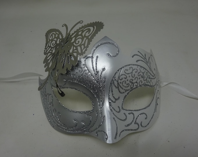 White & Silver Venetian Masquerade Party Prom Ball Carnival Mask with Silver Metal Butterfly
