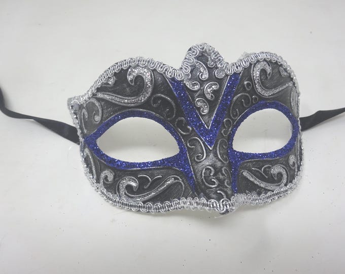 Blue Silver and Black Venetian Masquerade Prom Ball Party Eye Mask
