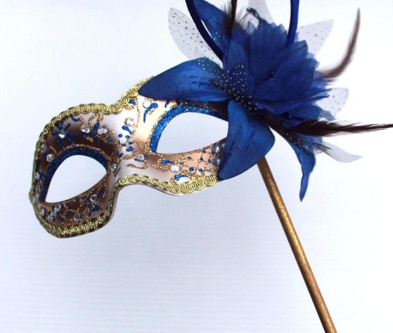 Pretty Blue and Gold With Flower Masquerade Mask on a Gold Stick - Etsy