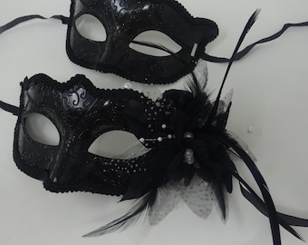 Black Gloss His n Hers Couples Masquerade Masks with Flower Beaded Stamens Organza
