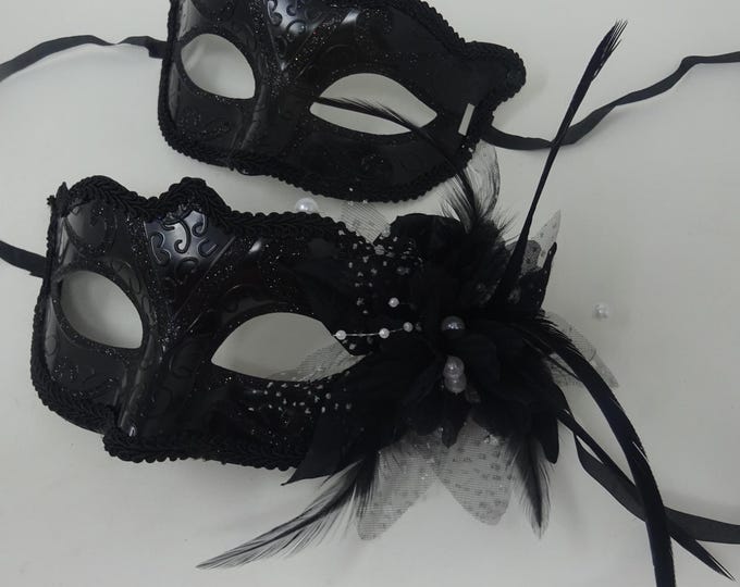 Black Gloss His n Hers Couples Masquerade Masks with Flower Beaded Stamens Organza