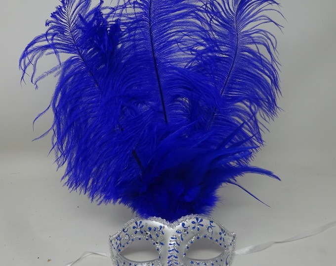 Ladies Blue and Silver Long Feather Venetian Masquerade Party Ball Prom Eye Mask