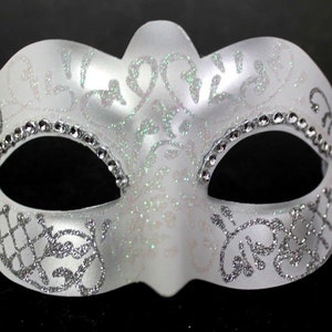 White and Silver Masquerade Mask with Diamonte Detail