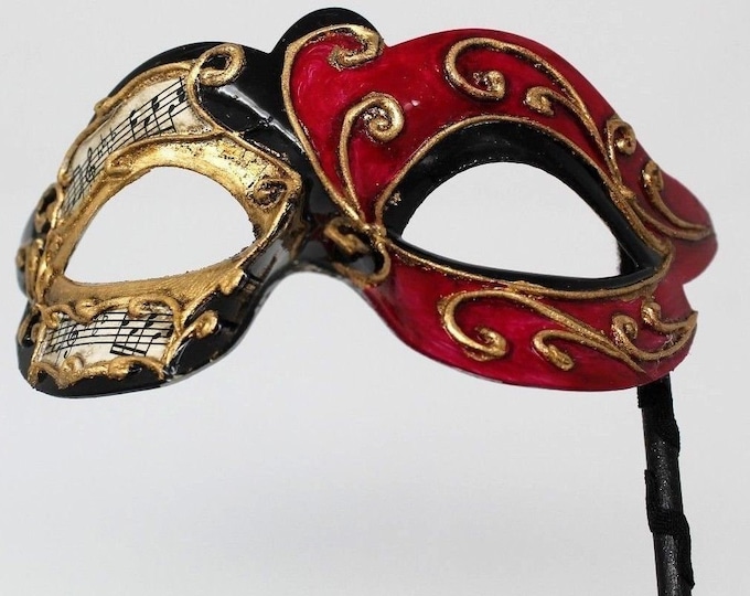 Red, Gold and Black Musical Venetian Masquerade Mask for Prom Party Masked Ball on Stick
