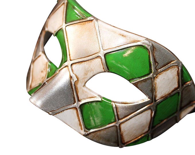 Green and Antique Silver Harlequin Masquerade Mask for Masked Ball