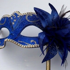 Stunning Blue and Gold With Flower Masquerade Mask on a Gold Stick With ...