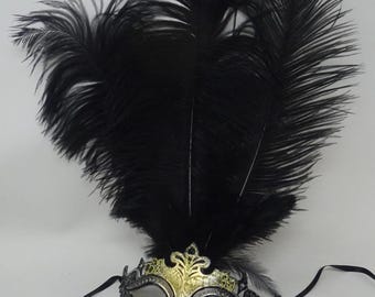Black and Gold Rialto Venetian Masquerade Ball Carnival Party Prom Mask with Long Feathers