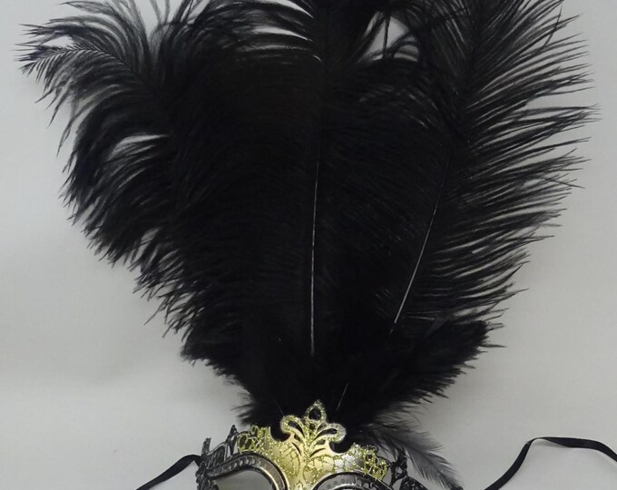 Black and Gold Rialto Venetian Masquerade Ball Carnival Party Prom Mask with Long Feathers