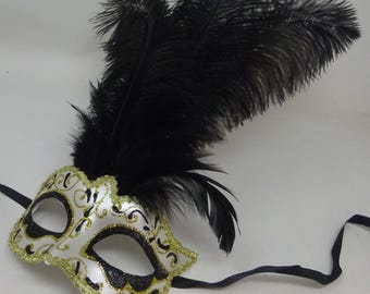 Black Ivory and Gold Venetian Masquerade Ball Carnival Party Prom Mask with Long Feathers